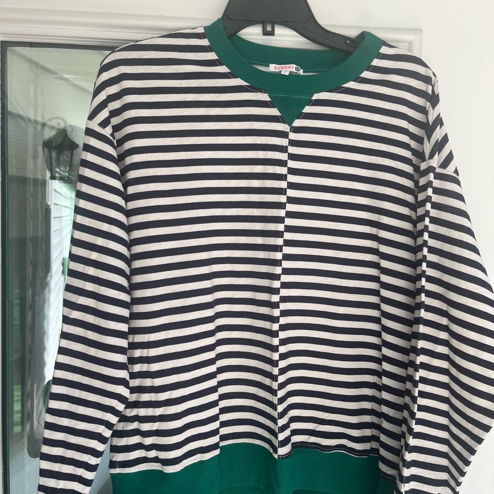 Sundry Navy & White Stripe Sweatshirt Green Rib Trim (Size L) NWOT